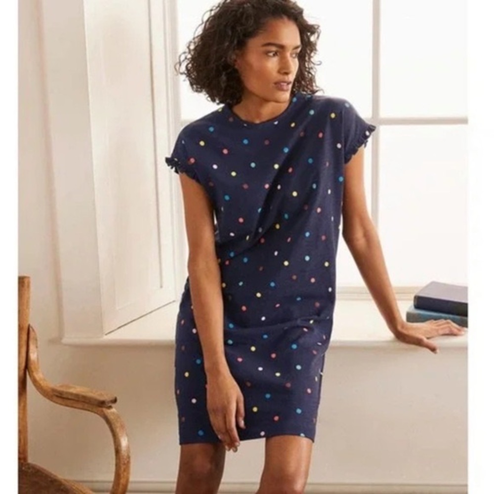 Boden Navy Polka Dot Tee Dress with Multicolor Dots